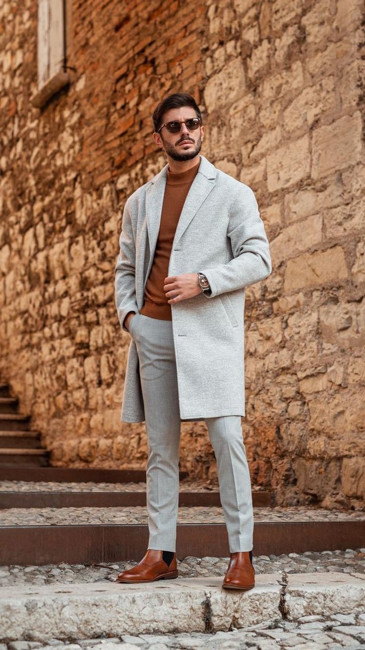 Gray Overcoat with Light Brown Chelsea Boots 